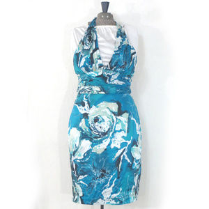 Adrianna Blue Silk Tropical Halter Dress